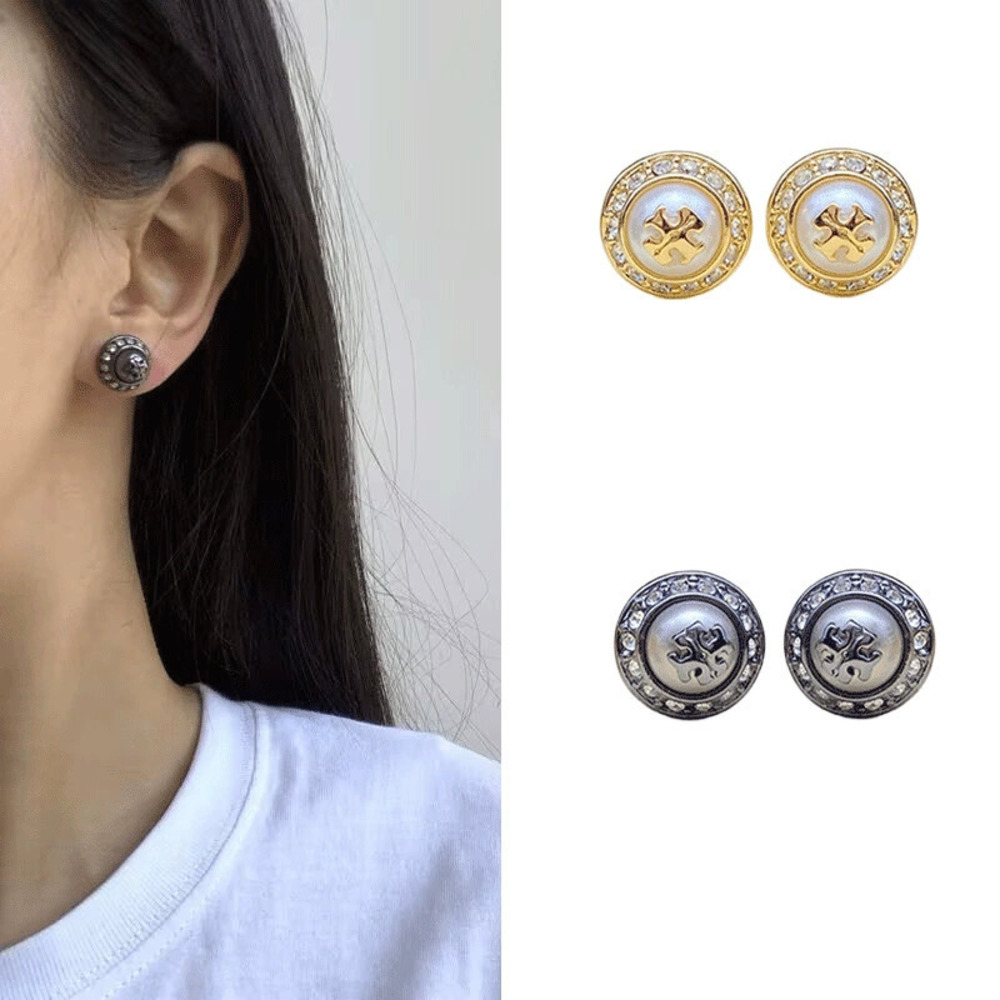 Tory Burch Imitation Pearl Rhinestone Round Copper Gold Plated Earrings